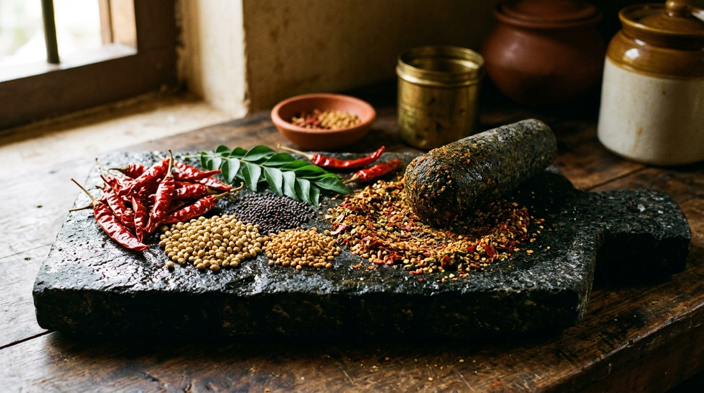 Traditional stone grinding slab with Guntur red chilies